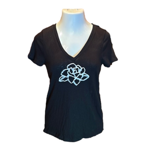 J. CREW FACTORY Black Cotton V-Neck Tee w/ Silk Decor Size L